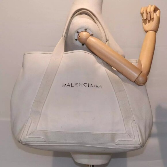 BALENCIAGA Navy Cabas Hand Bag Leather White Silver - Picture 1 of 16